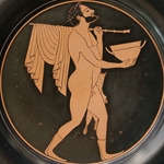 Bearded Komast with a Skyphos, a staff and pipes case; Tondo of an Attic Black-Figure Plate
