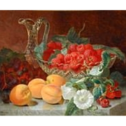 Raspberries in a Glass Dish with Peaches Grapes and Convolvulus on a Marble Ledge Stannard Eloise